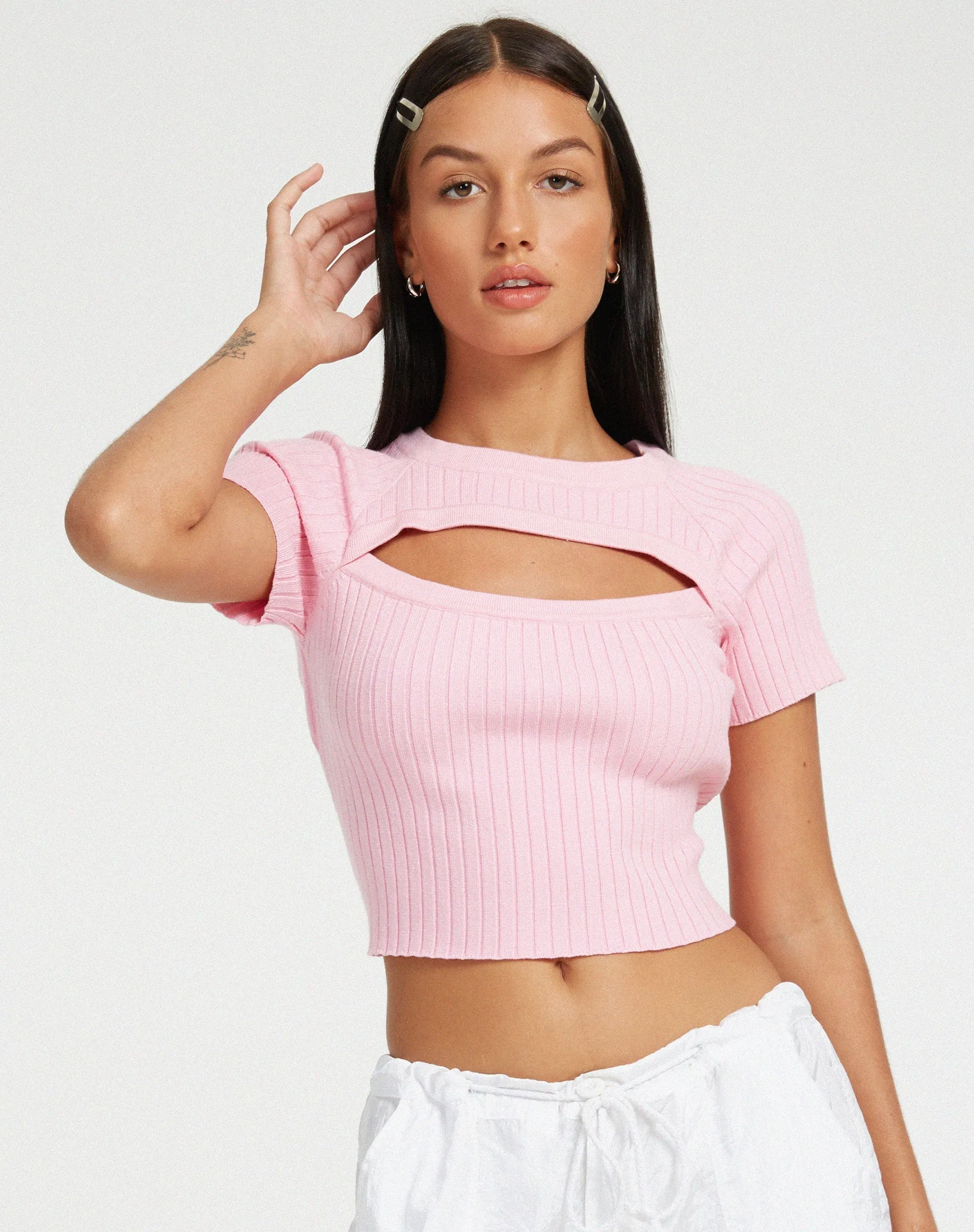 Morsche Cut Out Crop Knitted Top in Pink