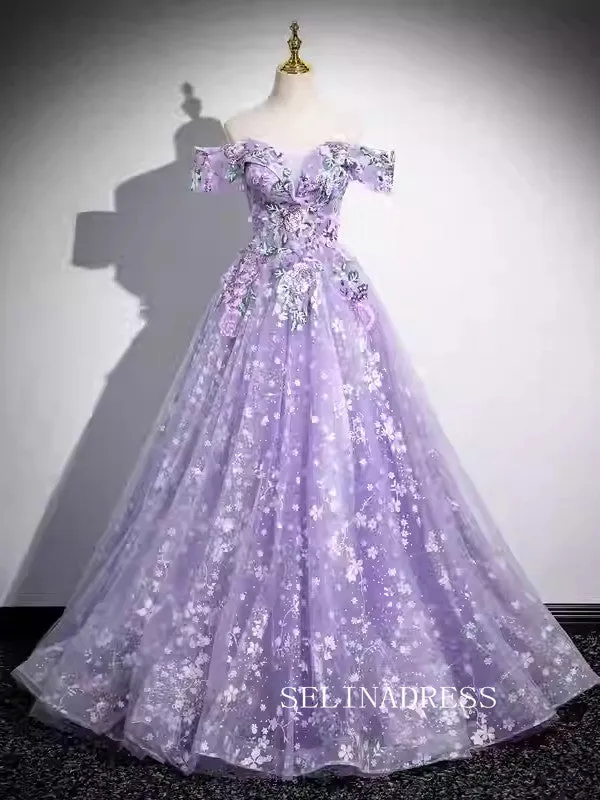 Off-the-shoulder Lavender Ball Gown Princess Dress Embroidery Applqiue Tulle Formal Dress JKL2594