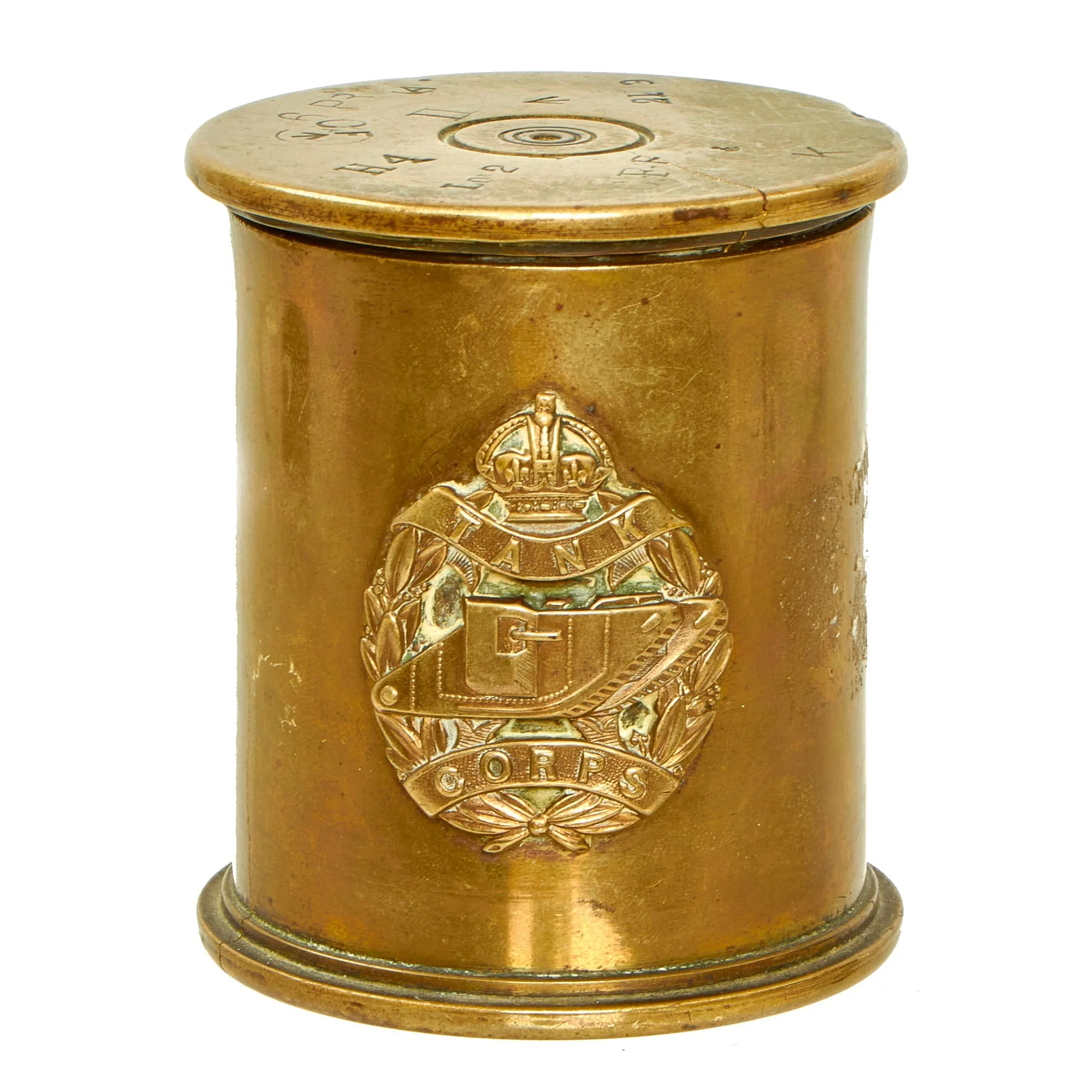 Original British WWI Era Royal Tank Regiment Tobacco Can Shell Casing Trench Art