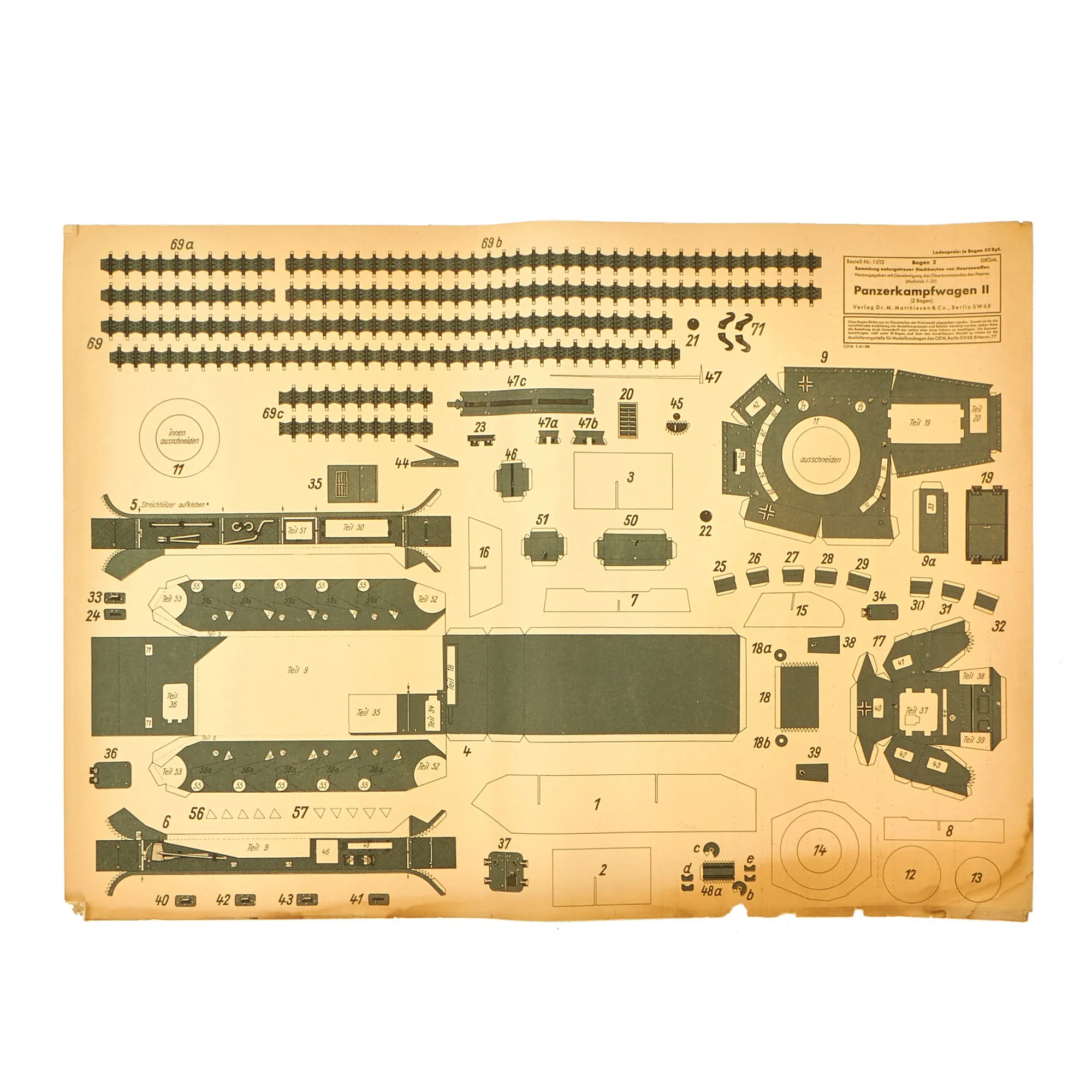 Original German WWII Unused Panzerkampfwagen II 1:20 Scale Paper Model Training Set by Dr. M. Matthiesen & Co. dated 1943 - 2 Build Sheets