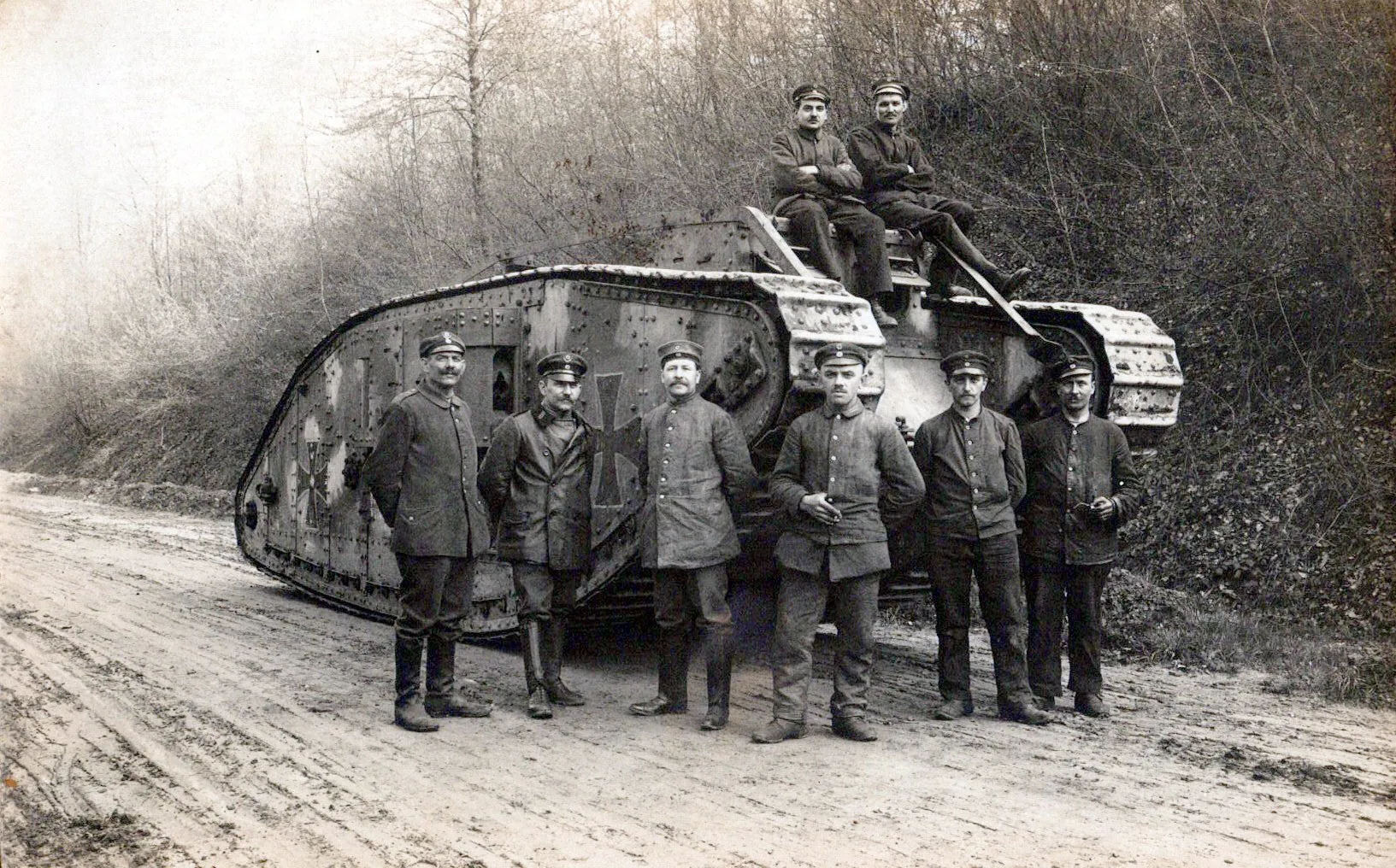 Original Imperial German WWI Photograph/Postcard Lot Featuring German Tank Unit With Captured British Mark IV Tank - (3) 5 ½” x 4 ¾” Photos