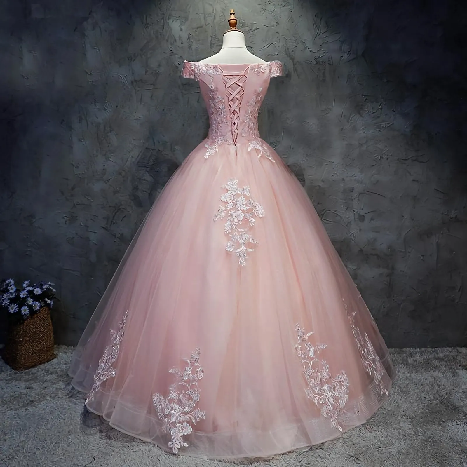 Pink Cap Sleeves Ball Gown Tulle With Lace Sweet 16 Prom Dresses Long Quinceanera Dresses