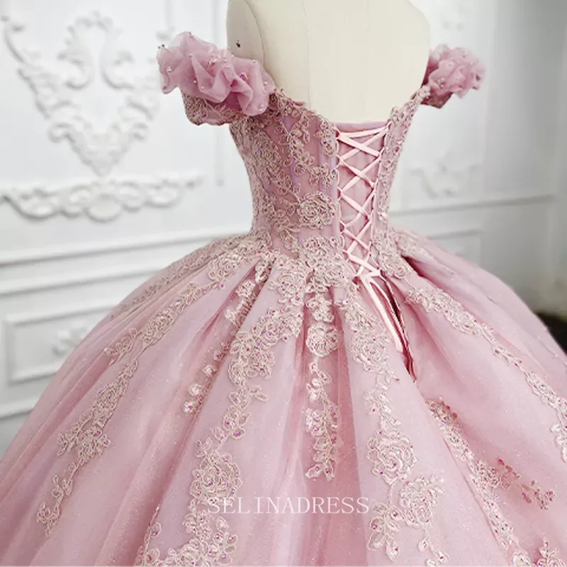 Pink Off Shoulder Princess Lace Prom Dress Plus Size Bridal Evening Dresses LS9932 Selinadress