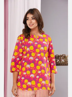 Pink Yellow Flower Pure Cotton Kurta