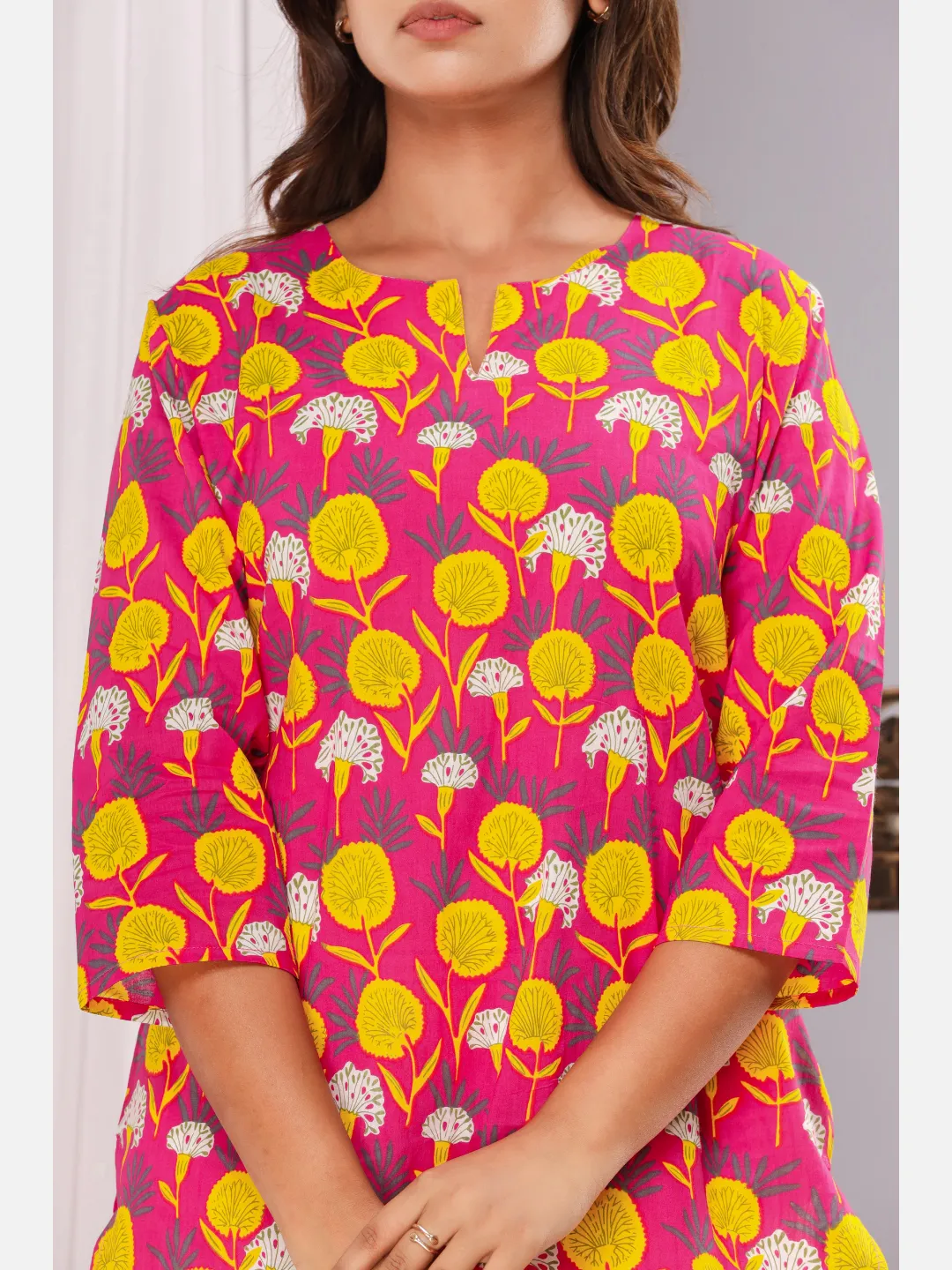 Pink Yellow Flower Pure Cotton Kurta