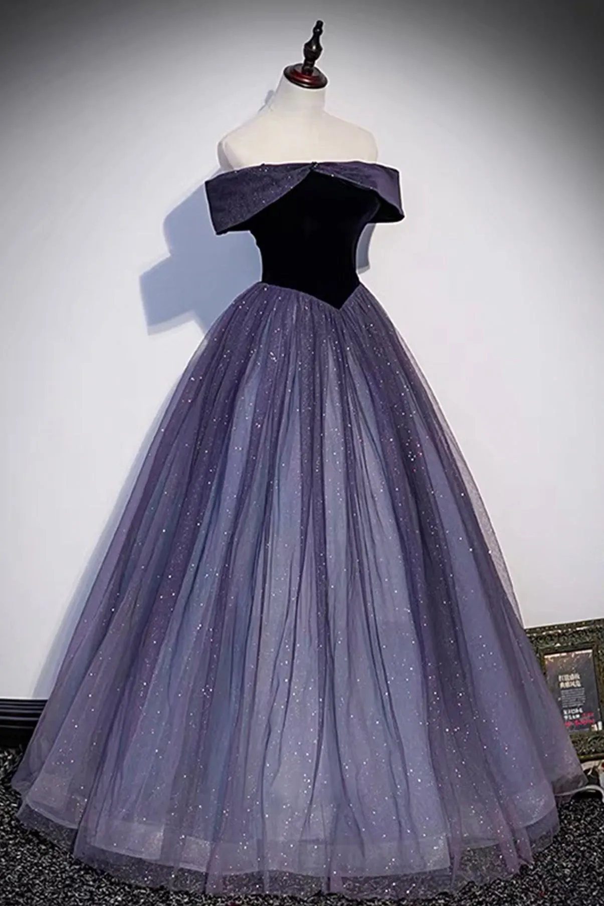 Purple Velvet Tulle Long Prom Dresses A-Line Off the Shhouler Evening Dresses