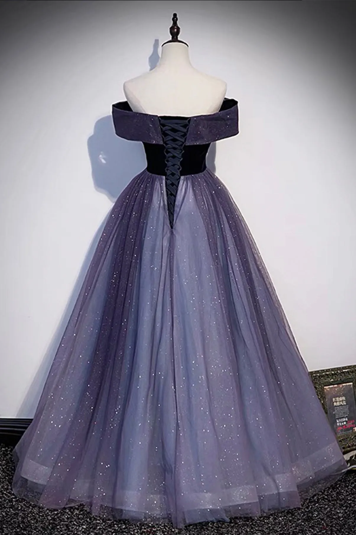 Purple Velvet Tulle Long Prom Dresses A-Line Off the Shhouler Evening Dresses