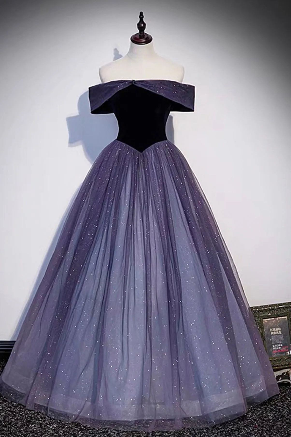 Purple Velvet Tulle Long Prom Dresses A-Line Off the Shhouler Evening Dresses