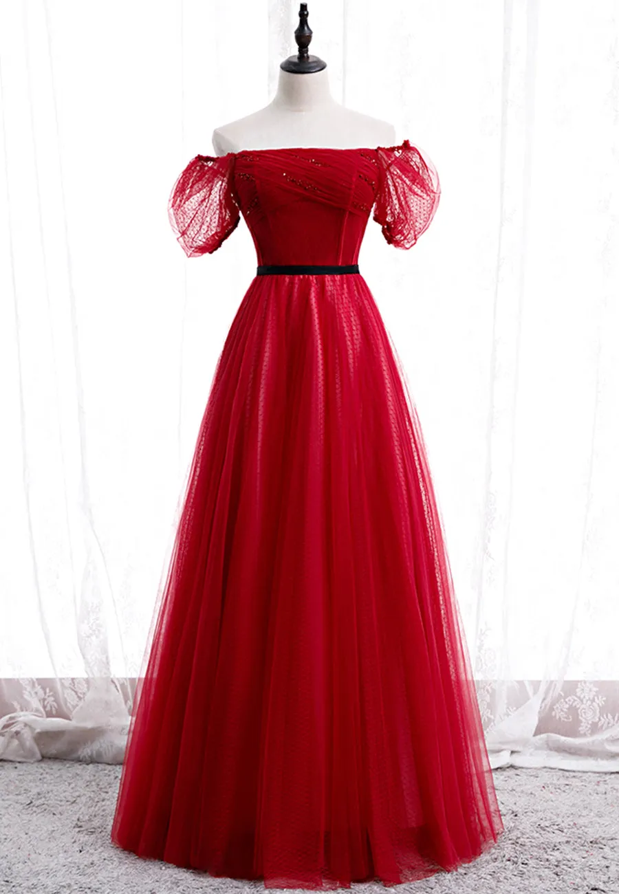 Red Tulle Long Prom Dresses A-Line Off the Shoulder Evening Dresses