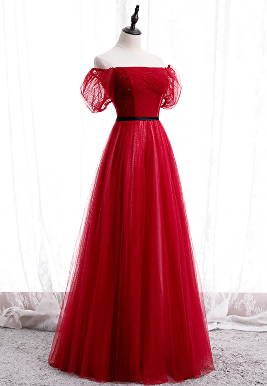 Red Tulle Long Prom Dresses A-Line Off the Shoulder Evening Dresses