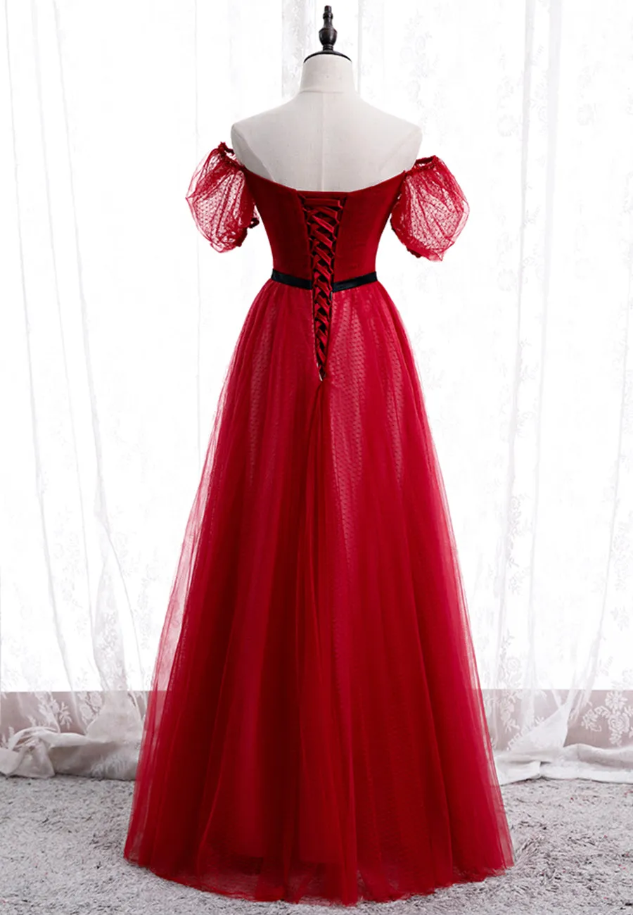 Red Tulle Long Prom Dresses A-Line Off the Shoulder Evening Dresses