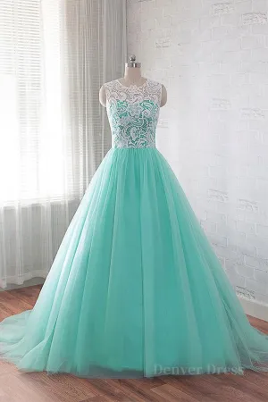 Round Neck Green Lace Tulle Long Prom Dresses Green Lace Formal Dresses Green Evening Dresses