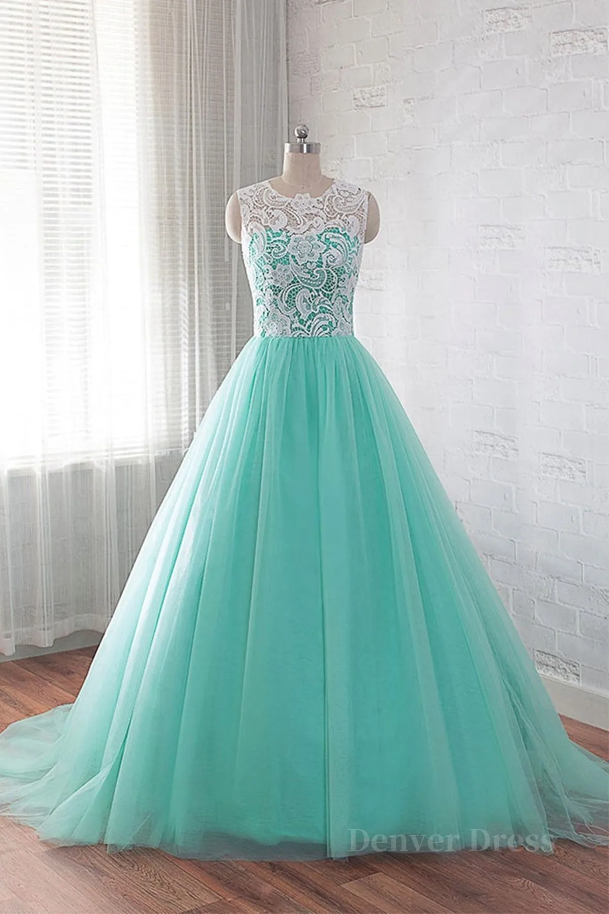 Round Neck Green Lace Tulle Long Prom Dresses Green Lace Formal Dresses Green Evening Dresses