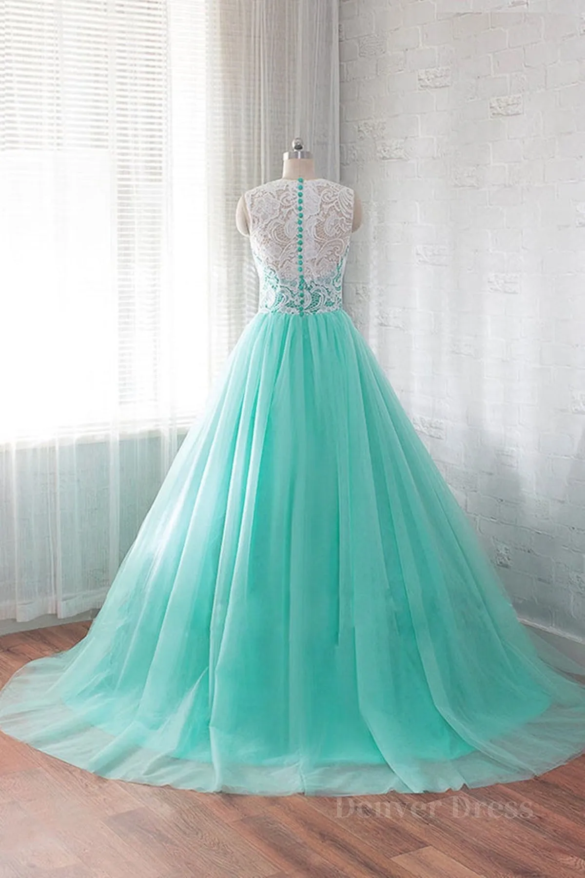 Round Neck Green Lace Tulle Long Prom Dresses Green Lace Formal Dresses Green Evening Dresses