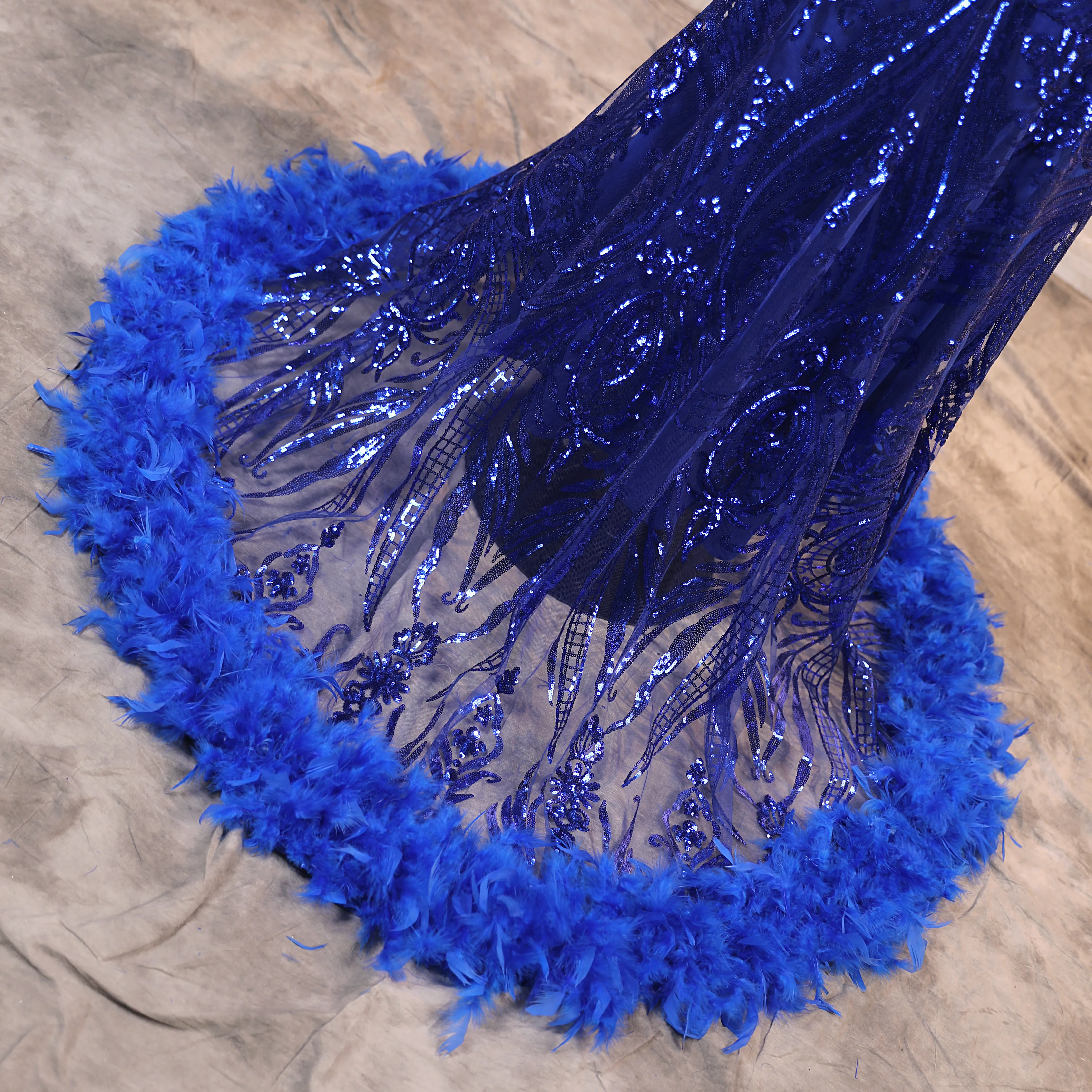 Royal Blue Prom Dresses Sequin Mermaid Long Evening Dresses Floor Length Sleeveless Spaghetti Strap with Feather