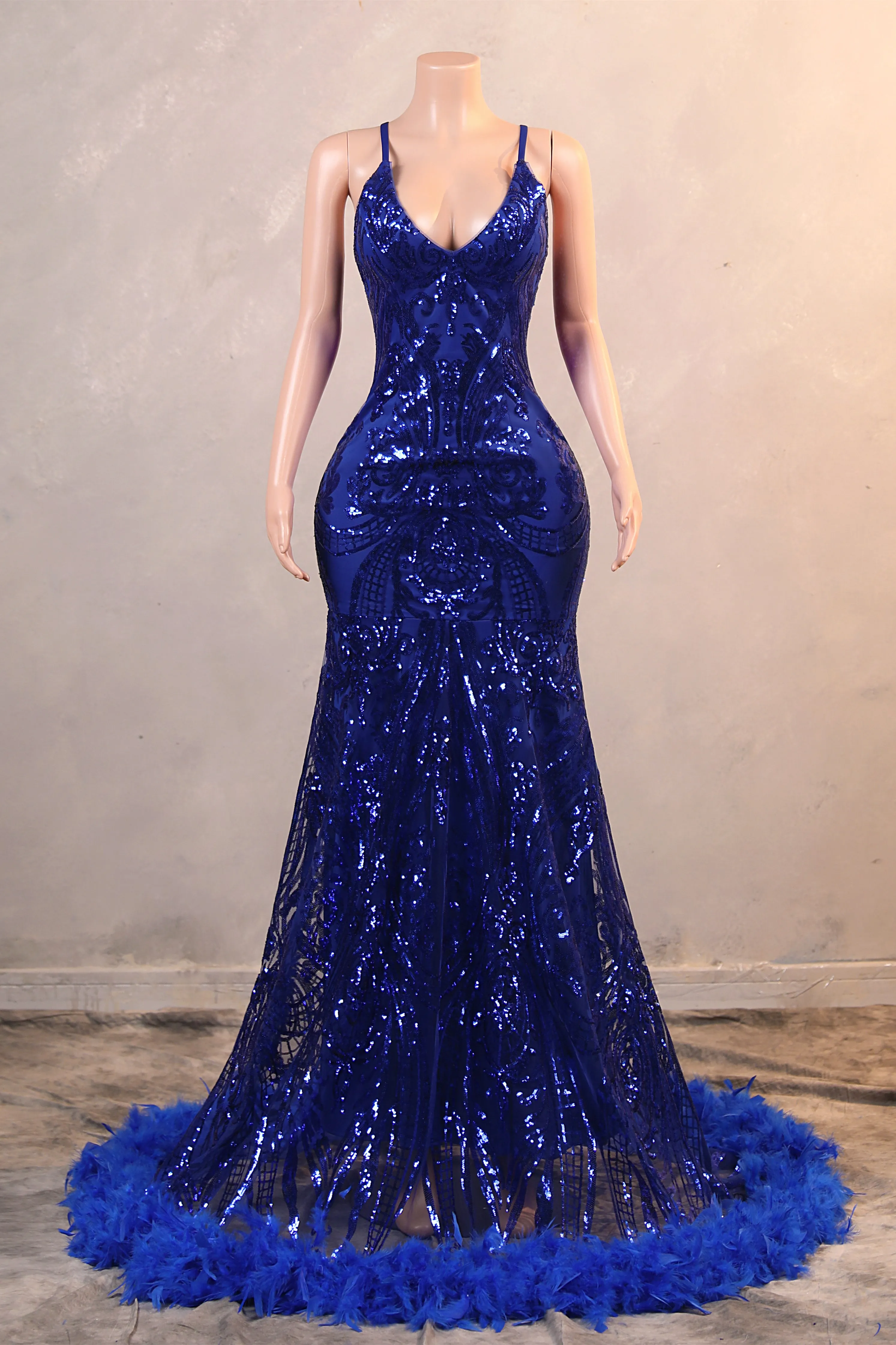 Royal Blue Prom Dresses Sequin Mermaid Long Evening Dresses Floor Length Sleeveless Spaghetti Strap with Feather