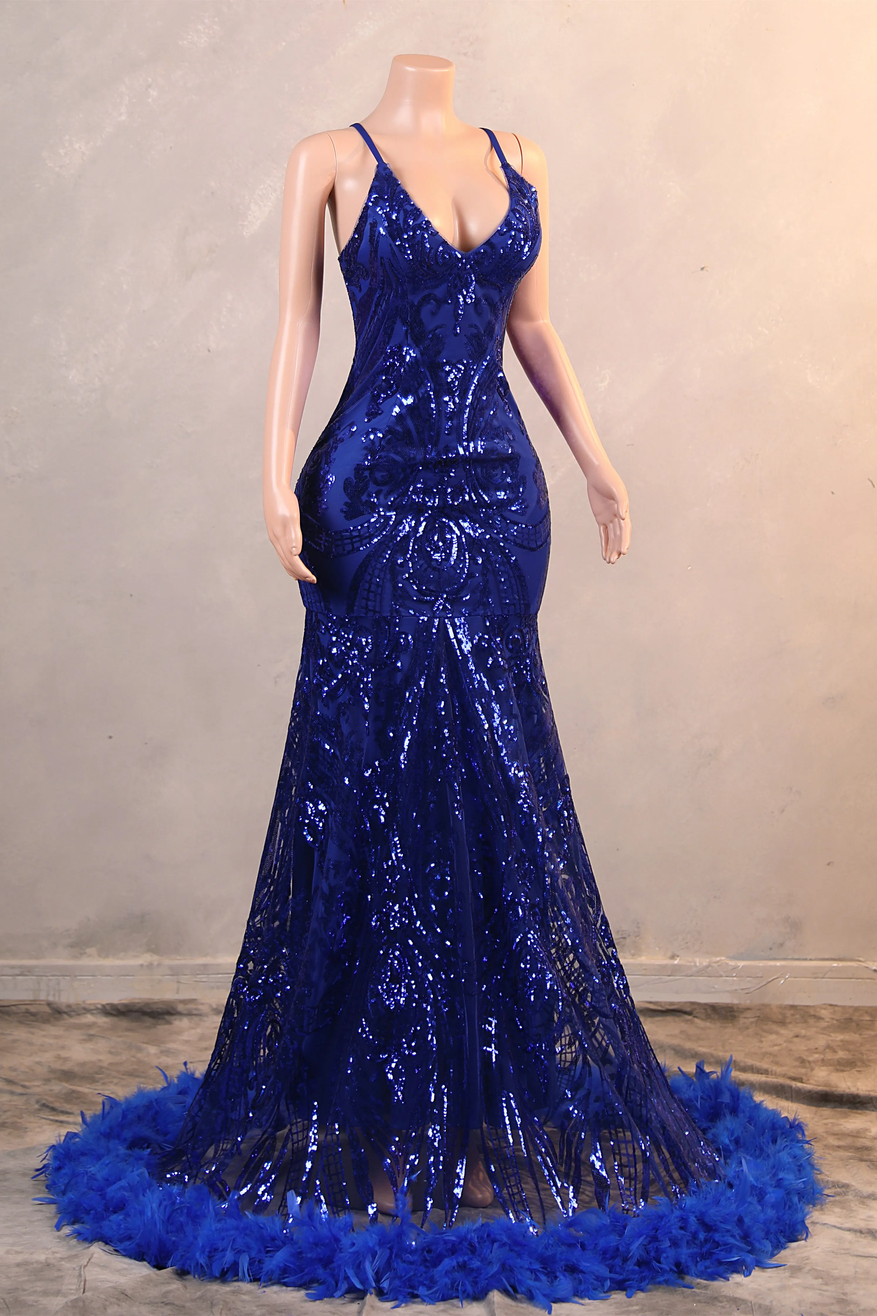 Royal Blue Prom Dresses Sequin Mermaid Long Evening Dresses Floor Length Sleeveless Spaghetti Strap with Feather