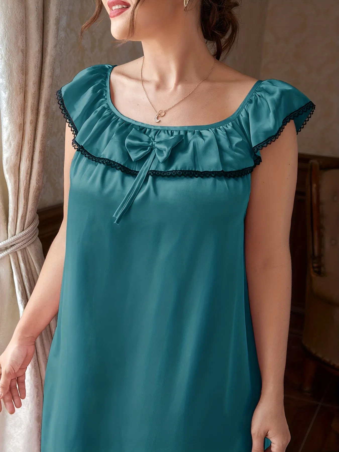 Satin Elegance Women's Plus Size Ruffle Trim Knot Front Nightdress