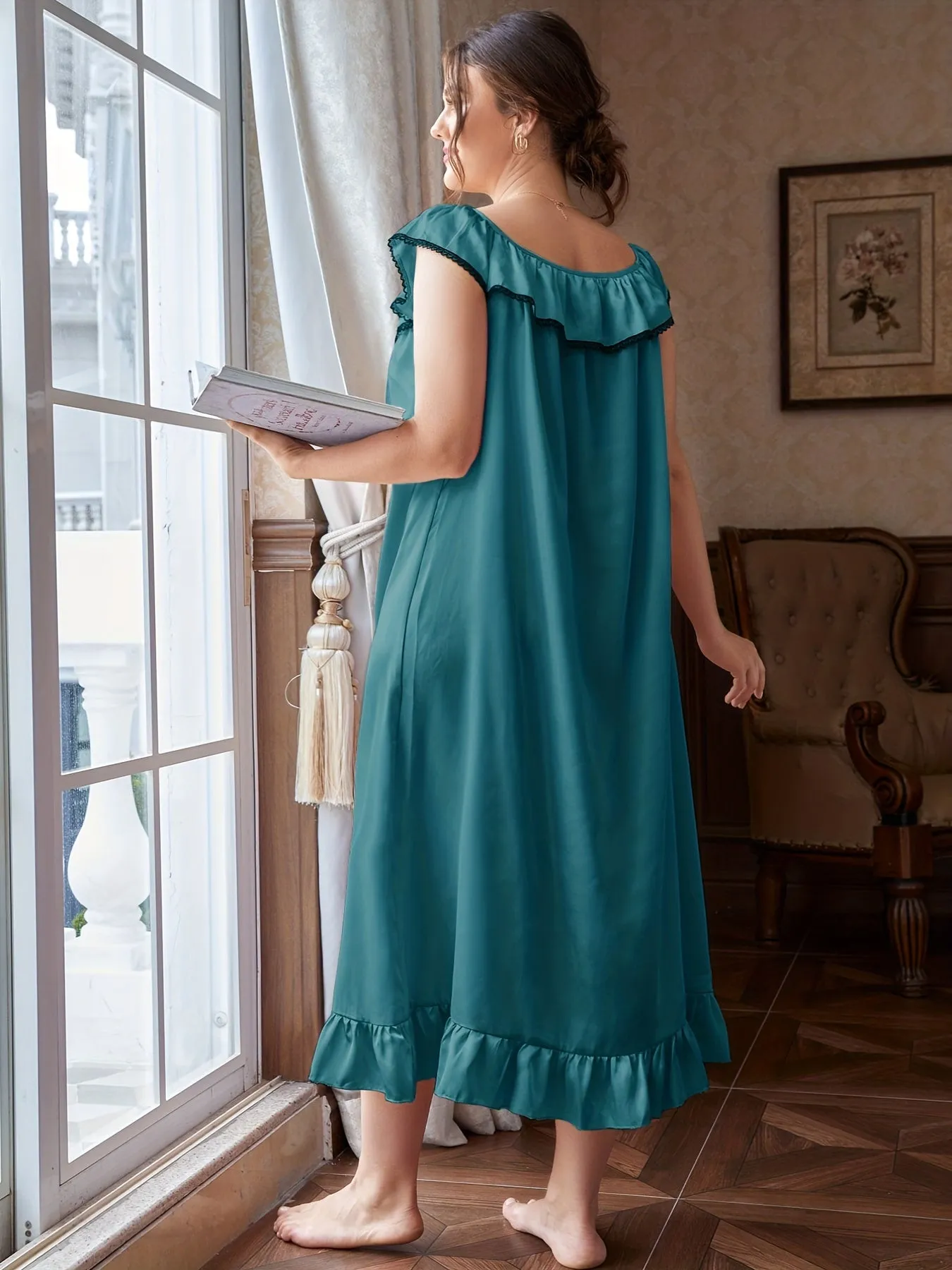 Satin Elegance Women's Plus Size Ruffle Trim Knot Front Nightdress