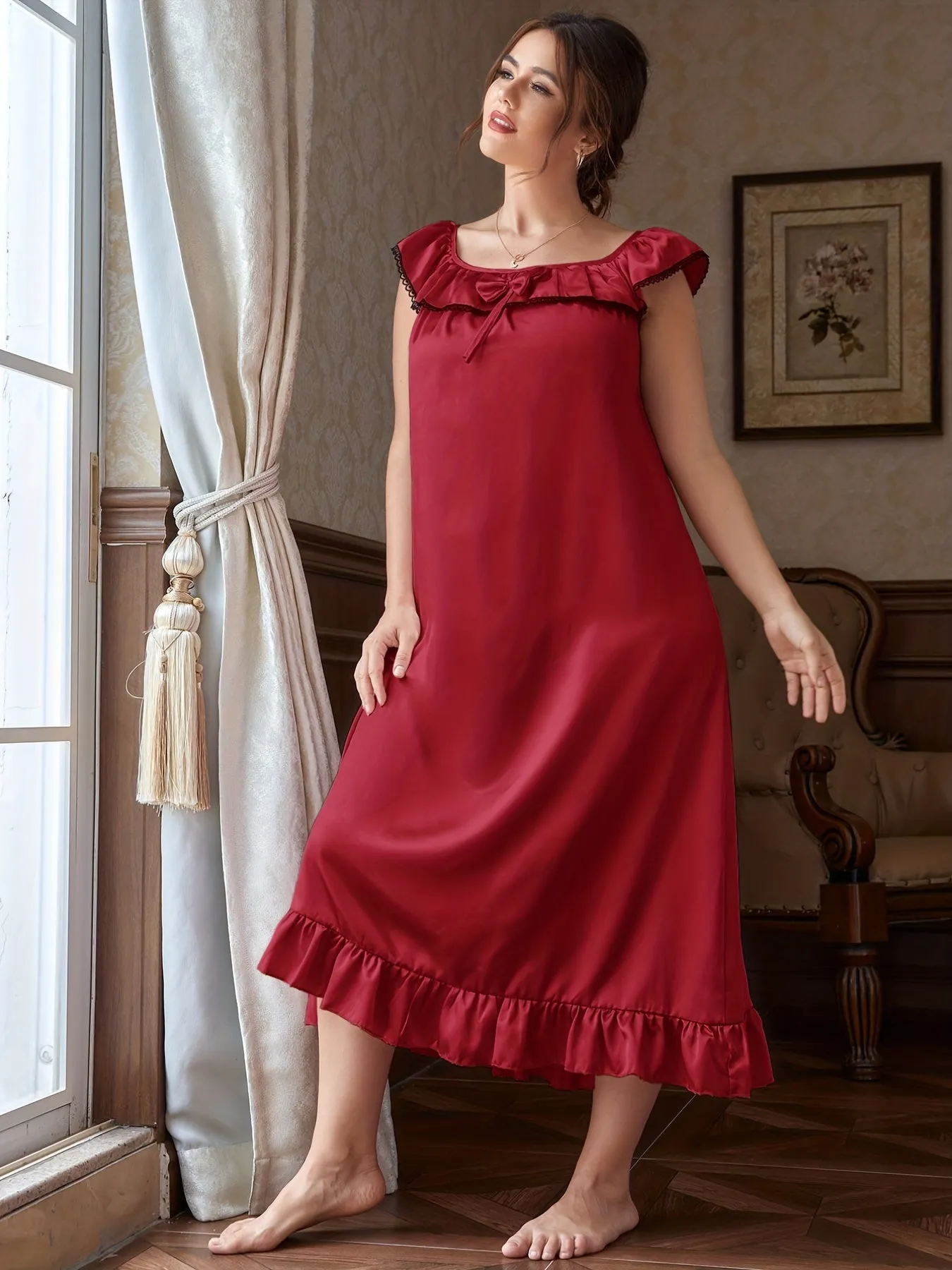 Satin Elegance Women's Plus Size Ruffle Trim Knot Front Nightdress