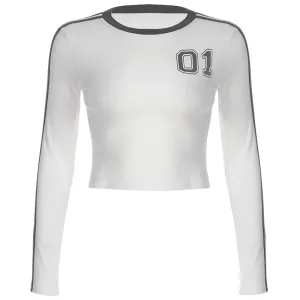 Side Striped Long Sleeve Crop Tops White Graphic T Shirts for Women Retro 2000s Clothes Y2k Tees P84-BA14