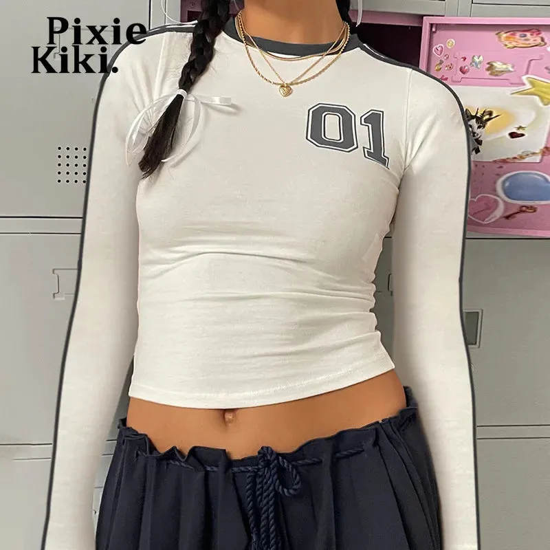 Side Striped Long Sleeve Crop Tops White Graphic T Shirts for Women Retro 2000s Clothes Y2k Tees P84-BA14