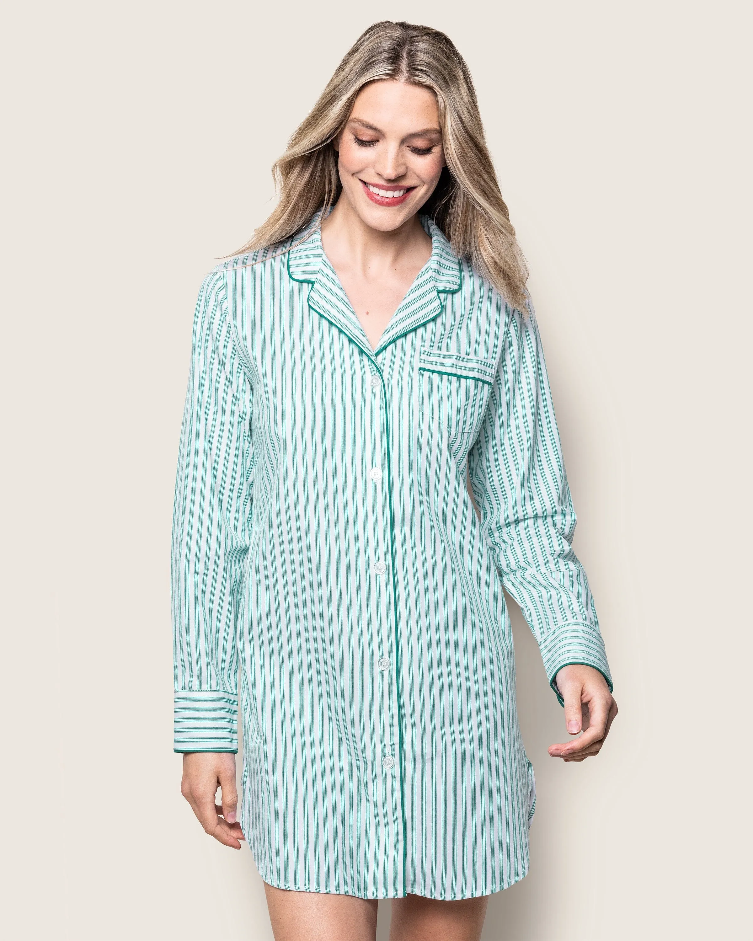 Women's Twill Nightshirt | Emerald Ticking