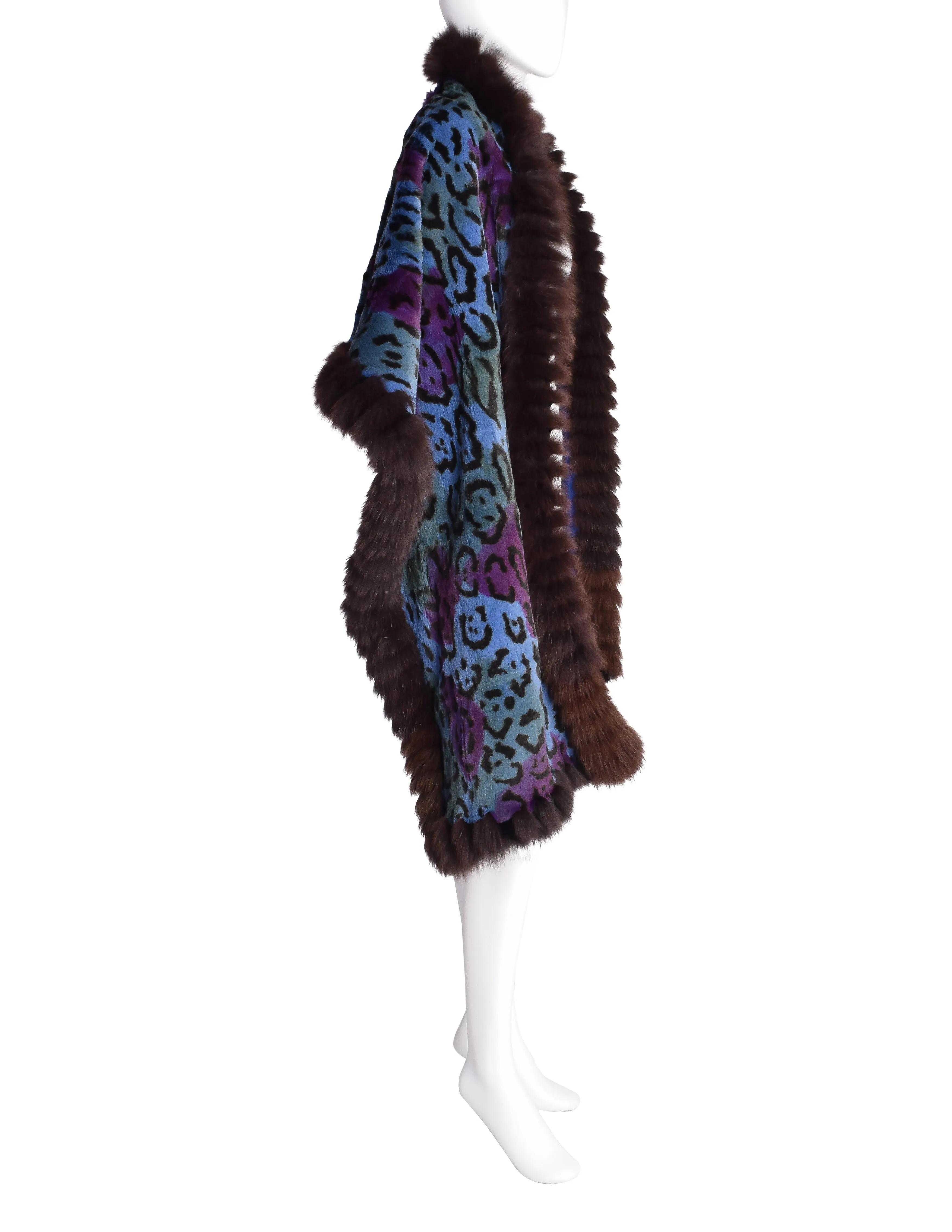 Yves Saint Laurent Vintage Purple Blue Leopard Fox Fur Oversized Wrap Stole Shawl